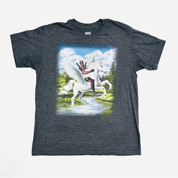 Marvel Deadpool Riding Unicorn Heather Grey Graphic T-Shirt - Picture 1 of 6